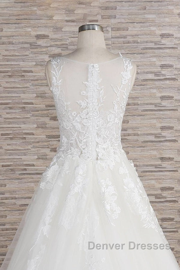 Long A-line Sweetheart Applqiues Lace Tulle Wedding Dress