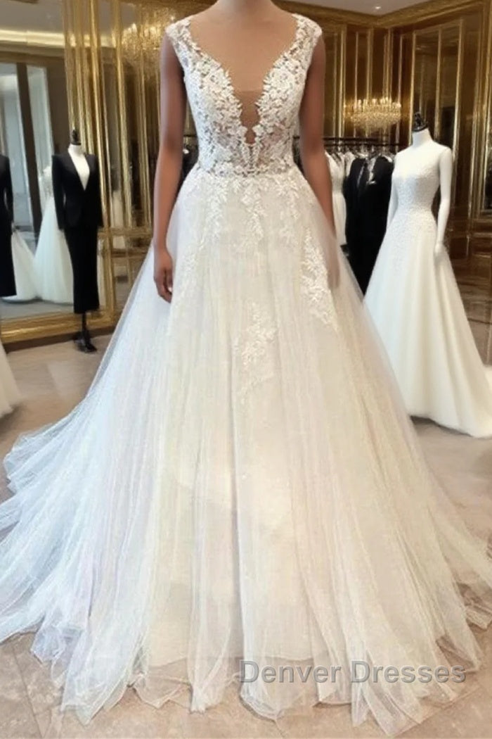 Long A-Line Sweetheart Floral Lace Tulle Wedding Dress Main image