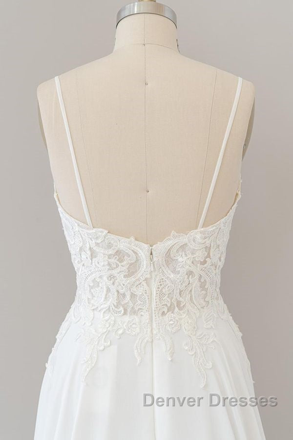 Long A-line Sweetheart Spaghetti Strap Appliques Chiffon Wedding Dress