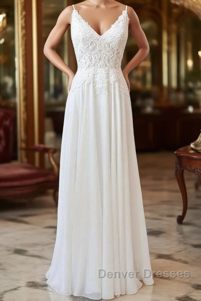 Long A-line Sweetheart Spaghetti Strap Appliques Chiffon Wedding Dress Main image