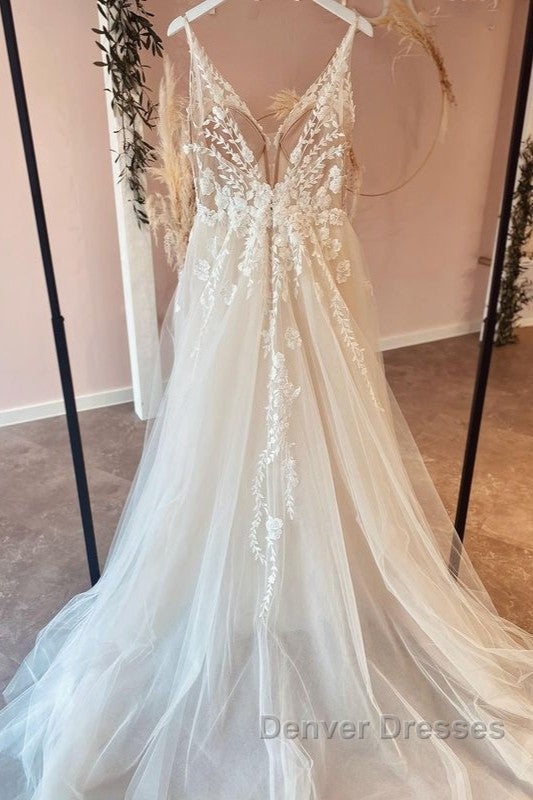 Long A-Line Tulle Appliques Lace Spaghetti Straps V-neck Backless Wedding Dress Secondary image