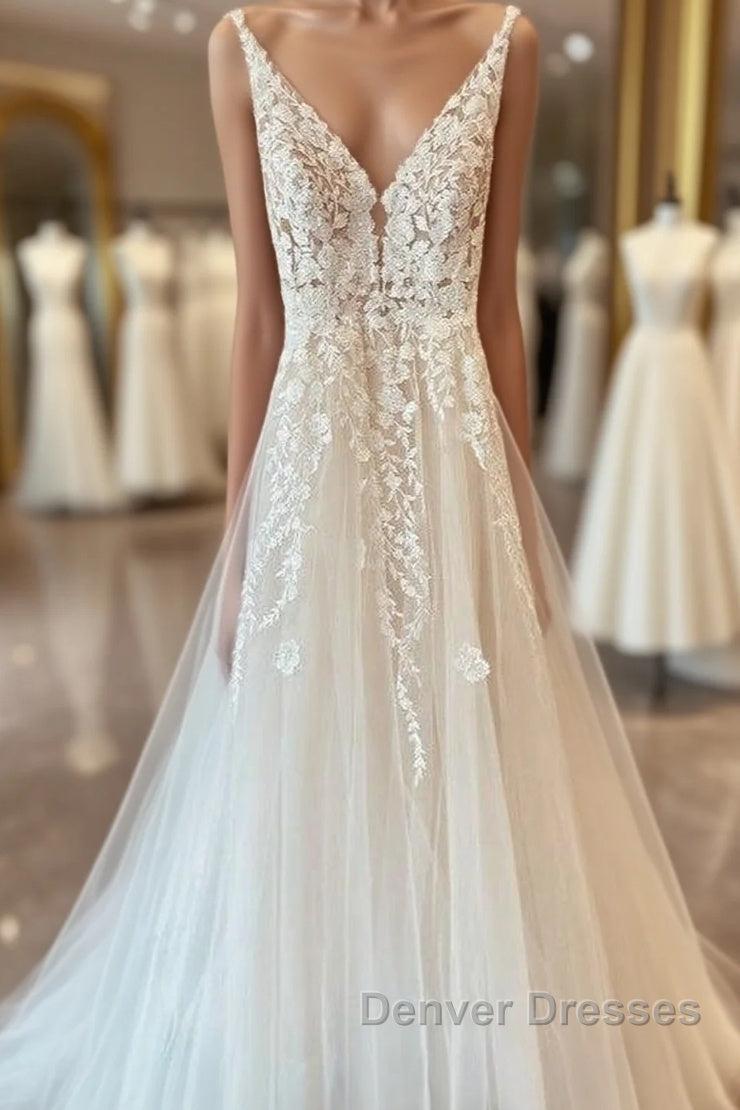 Long A-Line Tulle Appliques Lace Spaghetti Straps V-neck Backless Wedding Dress Main image