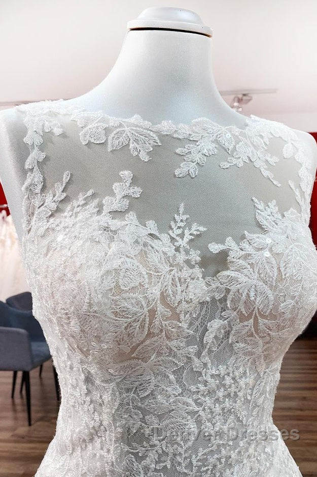 Long A-line Tulle Jewel Lace Appliques Wedding Dress