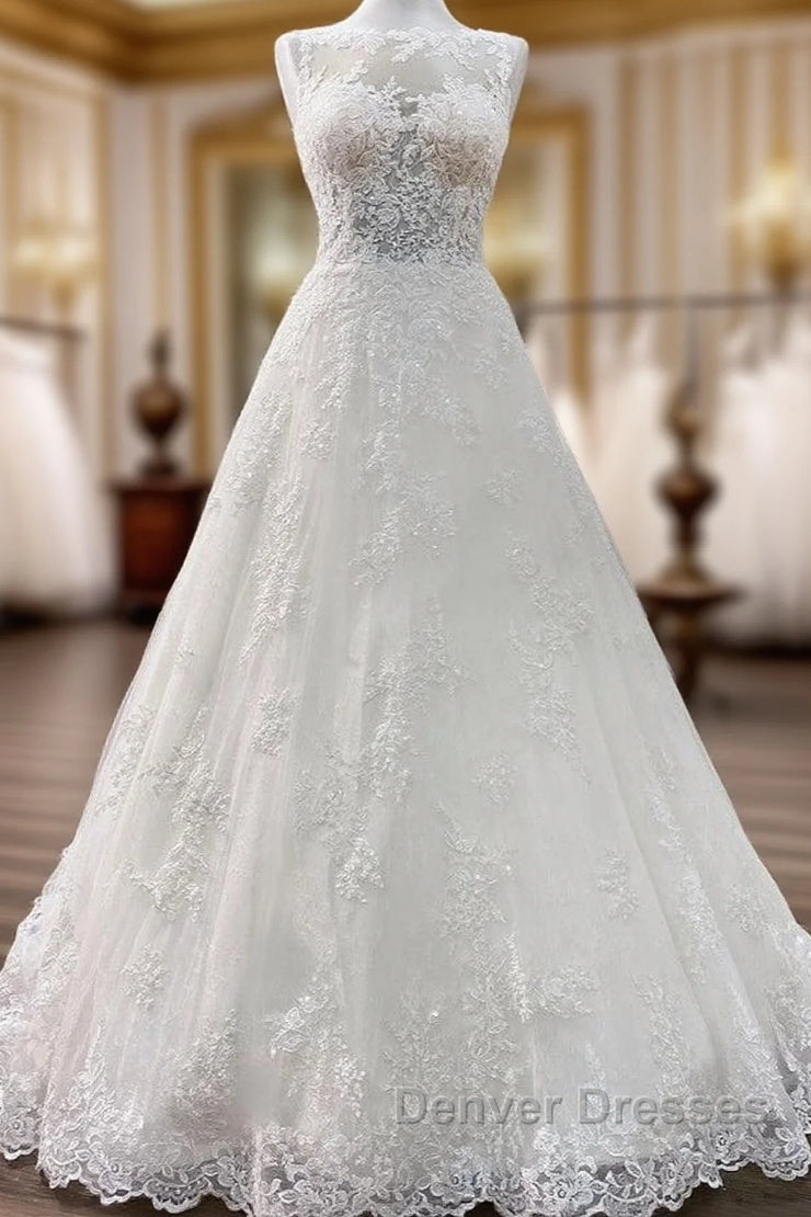 Long A-line Tulle Jewel Lace Appliques Wedding Dress Main image