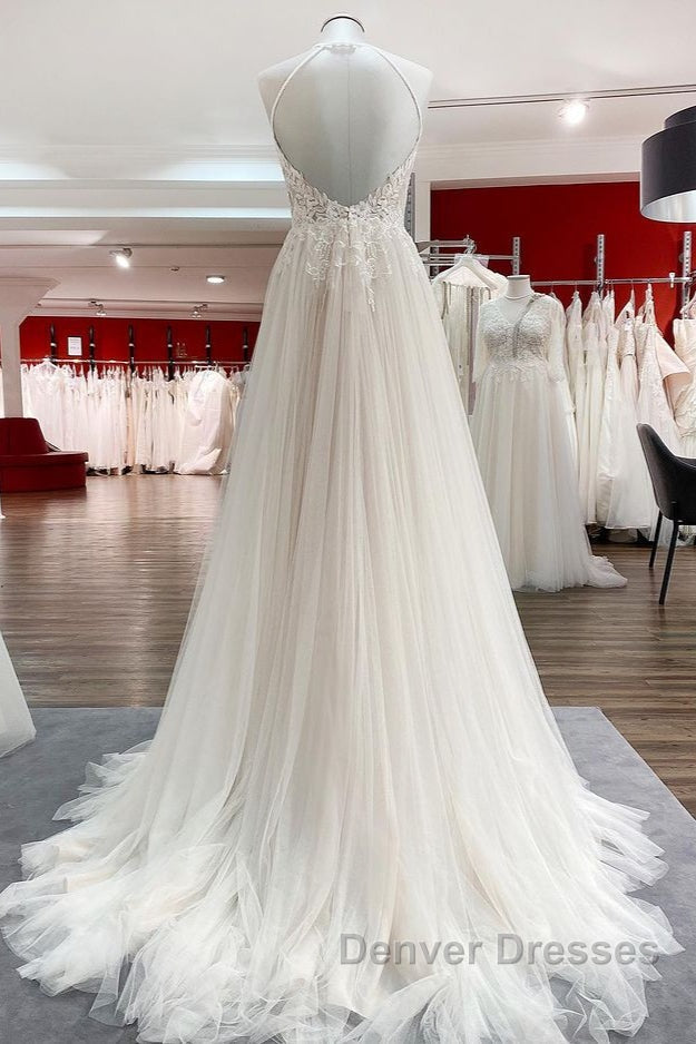 Long A-line Tulle  Open Back Halter Sleeveless Lace Wedding Dress Secondary image