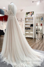 Long A-line Tulle  Open Back Halter Sleeveless Lace Wedding Dress