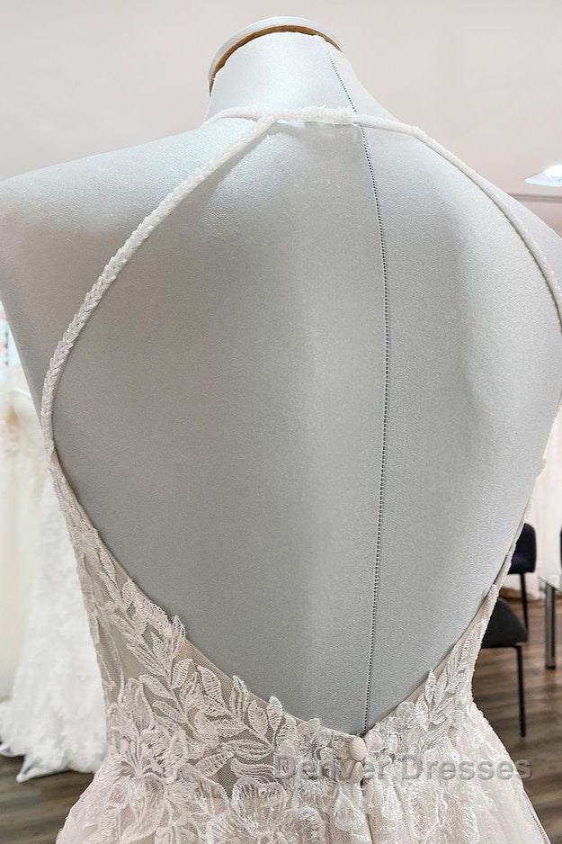 Long A-line Tulle  Open Back Halter Sleeveless Lace Wedding Dress