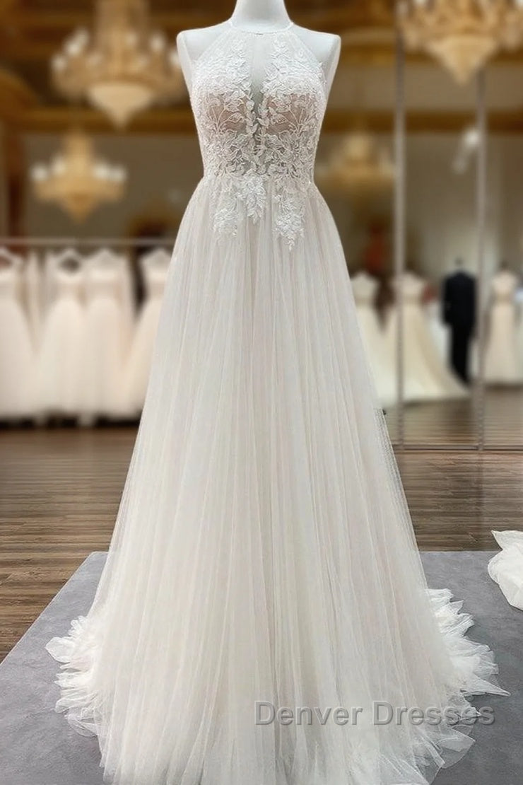 Long A-line Tulle  Open Back Halter Sleeveless Lace Wedding Dress
