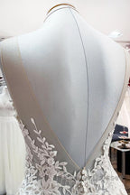 Long A-line Tulle Sleevless Ruffles Jewel Wedding Dress With Lace Appliques