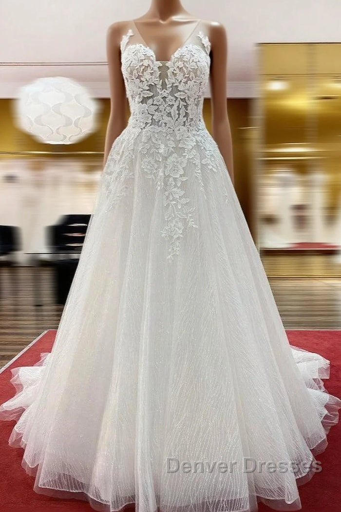 Long A-line Tulle Sleevless Ruffles Jewel Wedding Dress With Lace Appliques Main image