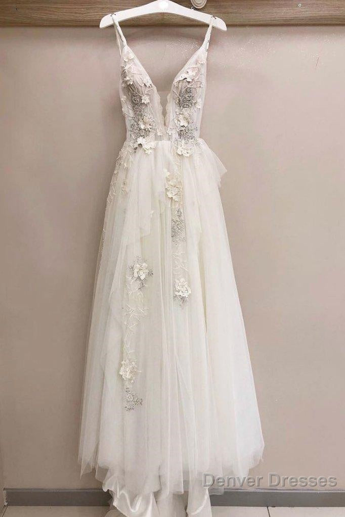 Long A-line Tulle V Neck Lace Applique Wedding Dress Main image