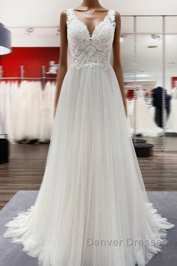 Long A-line Tulle V Neck Open Back Appliques Lace Wedding Dress Main image