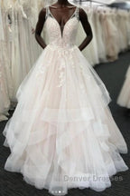 Long A-line Tulle V Neck Open Back Layered Wedding Dress