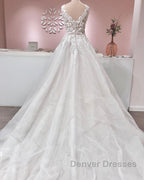 Long A-line V-neck Appliques Lace Backless Tulle Ruffles Wedding Dress