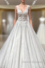 Long A-line V-neck Appliques Lace Backless Tulle Ruffles Wedding Dress