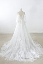 Long A-line V-neck Appliques Lace Tulle Backless Wedding Dress with Sleeves