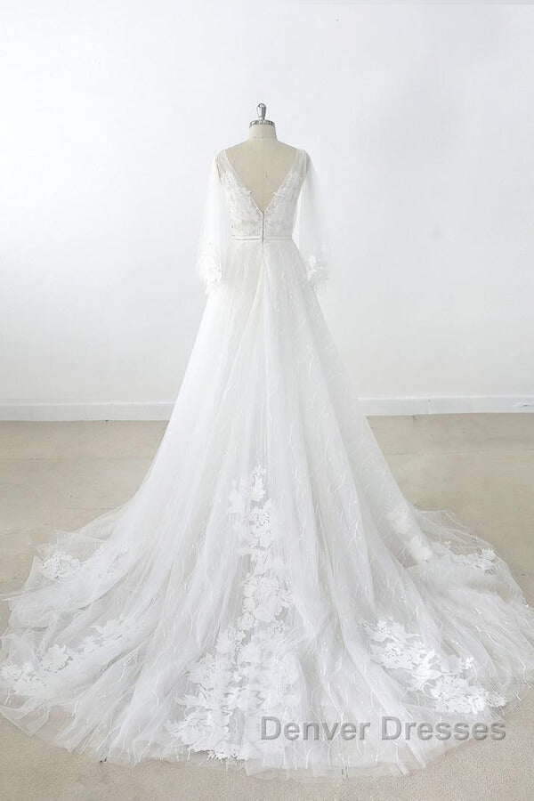 Long A-line V-neck Appliques Lace Tulle Backless Wedding Dress with Sleeves Secondary image