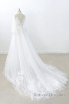Long A-line V-neck Appliques Lace Tulle Backless Wedding Dress with Sleeves