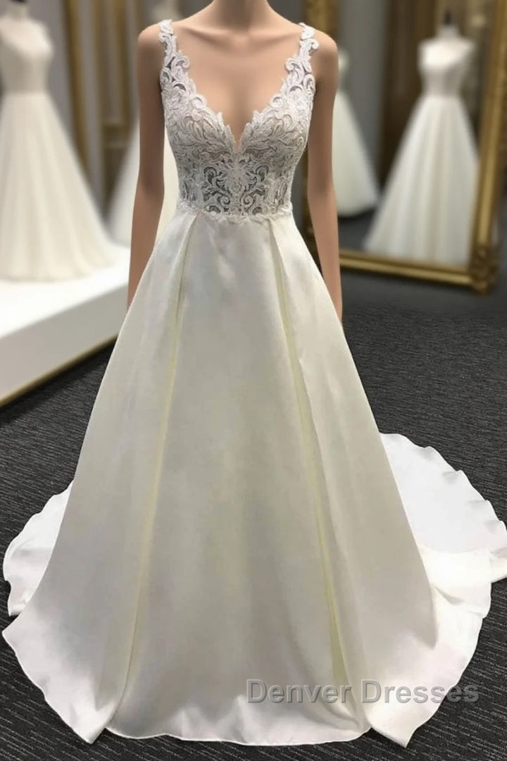 Long A-Line V Neck Halter Satin Wedding Dress Main image