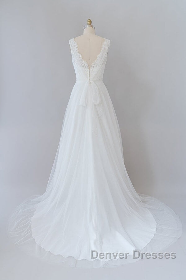 Long A-line V-neck Lace Tulle Backless Wedding Dress Secondary image