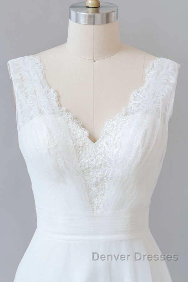 Long A-line V-neck Lace Tulle Backless Wedding Dress