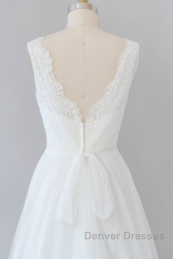 Long A-line V-neck Lace Tulle Backless Wedding Dress