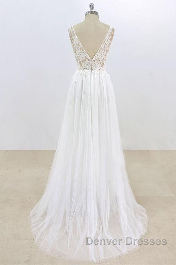 Long A-line V-neck Lace Tulle Open Back Wedding Dress