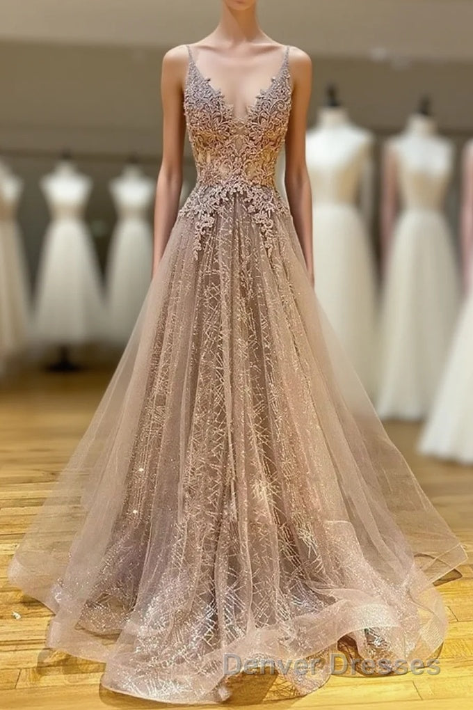 Long A-line V-neck Lace Tulle Prom Formal Graduation Evening Dress