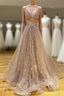 Long A-line V-neck Lace Tulle Prom Formal Graduation Evening Dress
