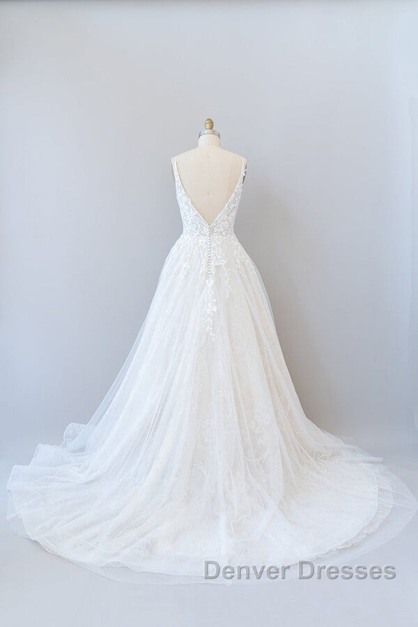 Long A-line V-neck Open Back Appliques Lace Tulle Wedding Dress