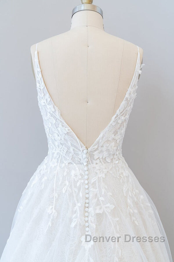 Long A-line V-neck Open Back Appliques Lace Tulle Wedding Dress