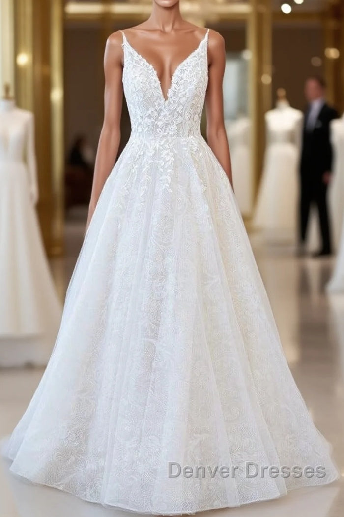 Long A-line V-neck Open Back Appliques Lace Tulle Wedding Dress