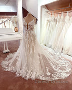 Long A-line V-neck Sleeveless Floral Lace Tulle Boho Wedding Dress
