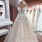 Long A-Line V-neck Spaghetti Straps Backless Appliques Lace Tulle Wedding Dress