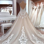 Long A-Line V-neck Spaghetti Straps Backless Appliques Lace Tulle Wedding Dress