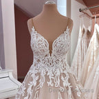 Long A-Line V-neck Spaghetti Straps Backless Appliques Lace Tulle Wedding Dress