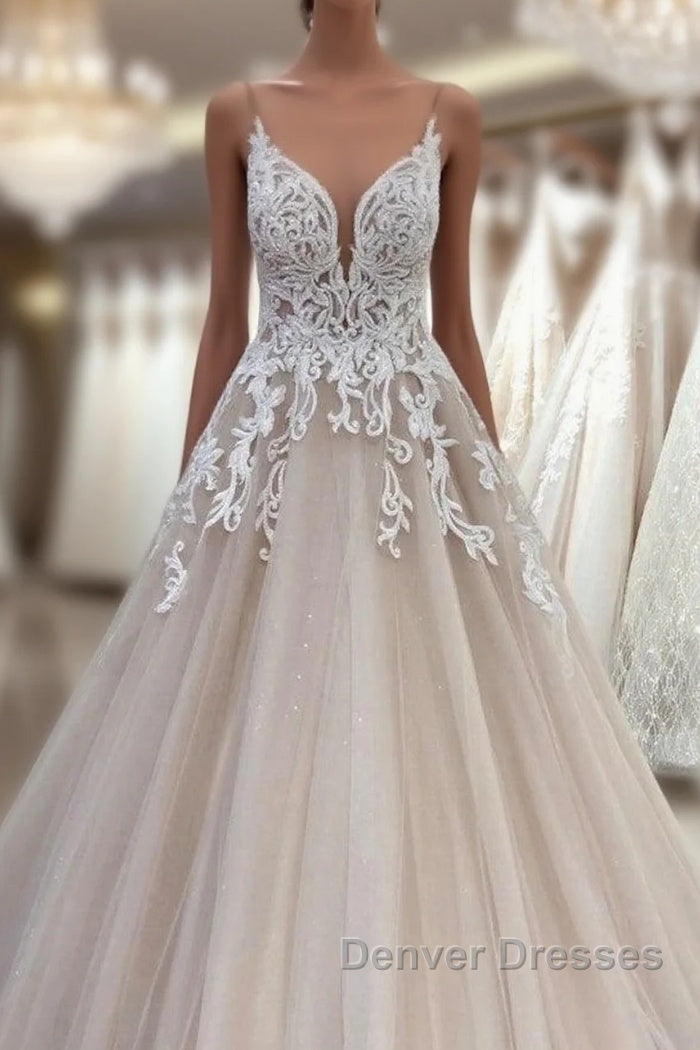 Long A-Line V-neck Spaghetti Straps Backless Appliques Lace Tulle Wedding Dress Main image