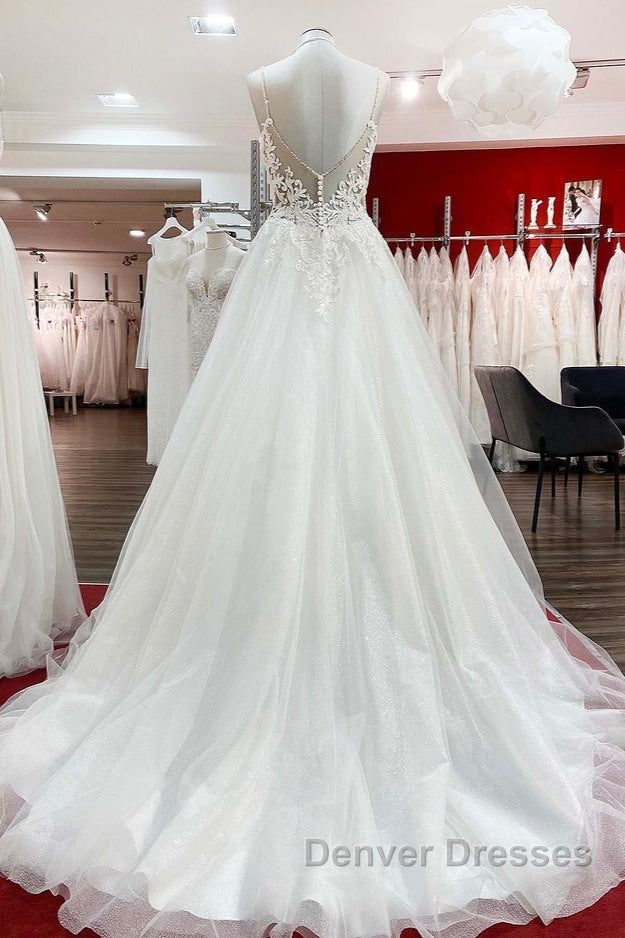 Long A-line V-neck Spaghetti Straps Backless Wedding Dress with Lace Secondary image