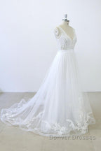 Long A-line V-neck Sweetheart Ruffle Applqiues Tulle Backless Wedding Dress
