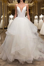 Long A-line V-neck Tulle Backless Wedding Dress