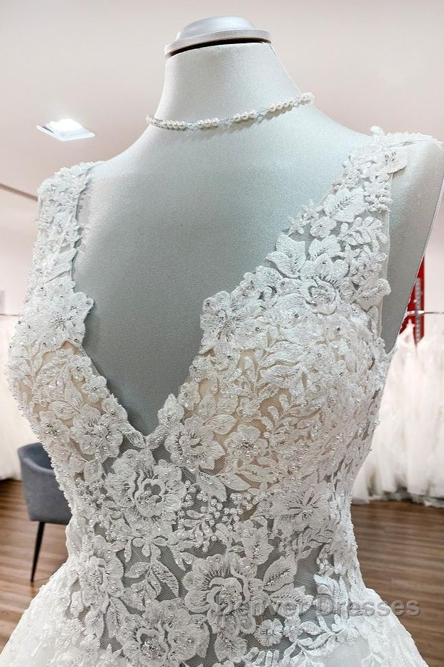 Long A-line V-neck Tulle Lace White Ruffles Wedding Dress