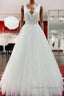 Long A-line V-neck Tulle Lace White Ruffles Wedding Dress