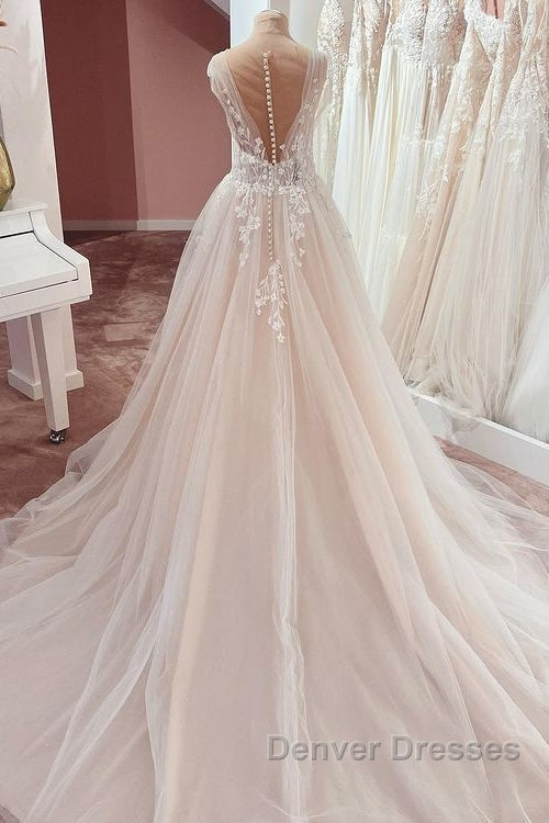 Long A-Line V-neck Wide Straps Appliques Lace Tulle Wedding Dress Secondary image