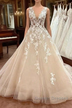 Long A-Line V-neck Wide Straps Backless Appliques Lace Tulle Wedding Dress