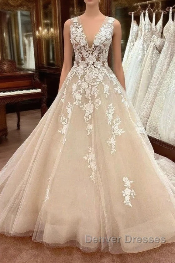 Long A-Line V-neck Wide Straps Backless Appliques Lace Tulle Wedding Dress Main image