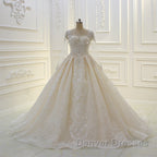 Long Ball Gown Beading Bateau Appliques Lace Wedding Dress with Sleeves