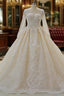 Long Ball Gown Beading Bateau Appliques Lace Wedding Dress with Sleeves