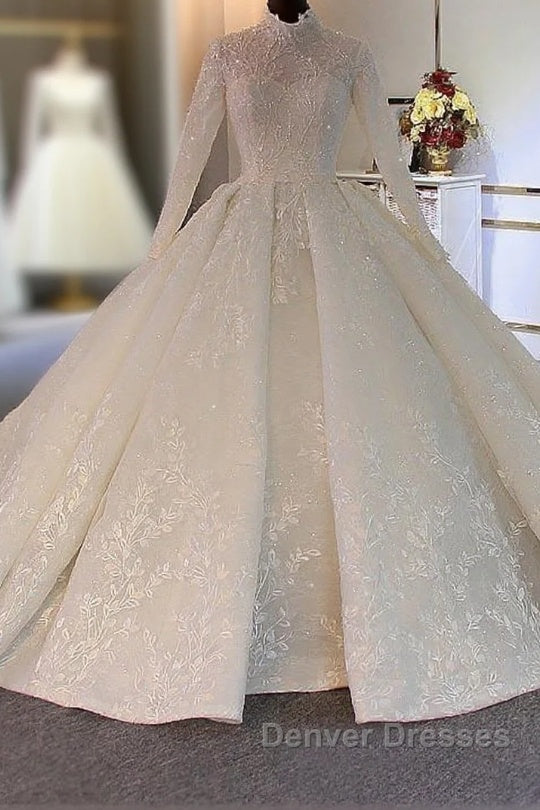 Long Ball Gown High Neck Tulle Lace Wedding Dress with Sleeves Main image