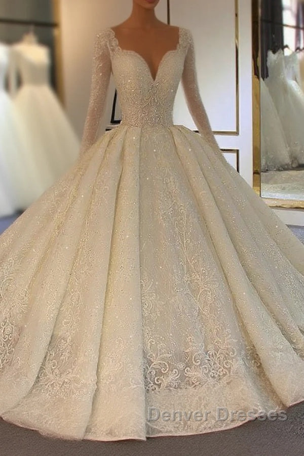 Long Ball Gown Lace-Up Sparkling V-Neck Wedding Dress with Sleeves Main image