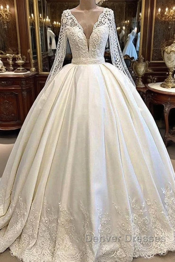 Long Ball Gown Satin V-neck Wedding Dress with Sleeves